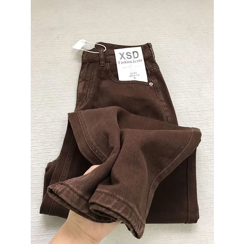 Mom Jeans Women - กางเกงยีนส์ทรงตรงสีน้ำตาลกาแฟสไตล์วินเทจอเมริกันสำหรับผู้หญิง เอวสูง ทรงหลวม ช่วยให้ดูผอม สไตล์ลำลอง สตรีทแวร์