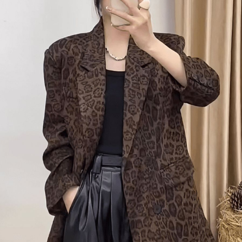 Blazer Women Oversized - เสื้อผ้าผู้หญิงฤดูใบไม้ผลิฤดูใบไม้ร่วงเกาหลีแฟชั่น Vintage Leopard พิมพ์ Blazers Office