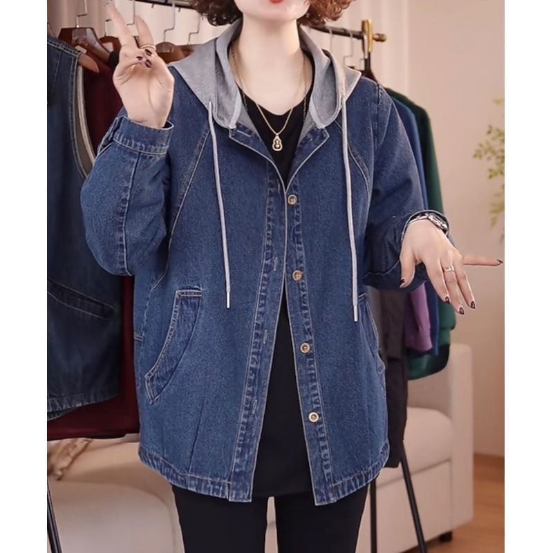 Women Fashion Jeans Top - แจ็คเก็ตยีนส์คุณภาพสูงสไตล์ยุโรปสำหรับผู้หญิง ฤดูใบไม้ผลิ ฤดูใบไม้ร่วง 2026 เสื้อโค้ทคาวบอยมีฮู้ด แฟชั่นไซส์ใหญ่