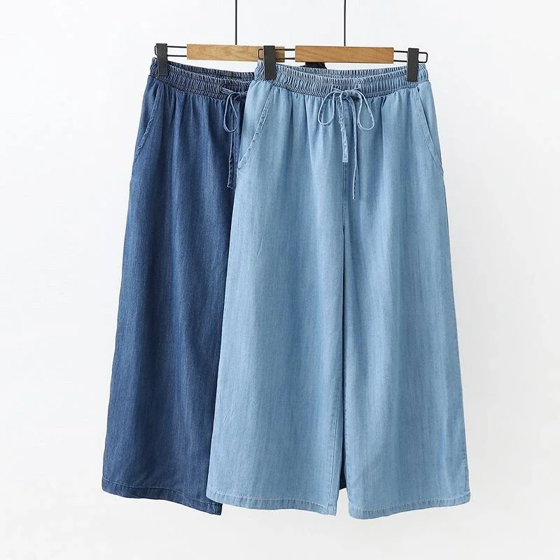 Mom Jeans Women - กางเกงยีนส์แฟชั่นผ้าฝ้ายสีน้ำเงินทรงตรงเอวสูงแบบมีเชือกผูกสำหรับผู้หญิงใส่ในช่วงฤดูร้อน