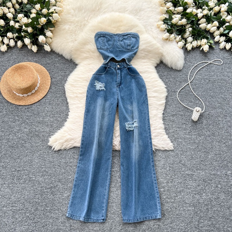 Mom Jeans Women - จั๊มสูทเดนิมผู้หญิงแบบชิ้นเดียว สายเดี่ยว ไร้แขน กางเกงขายาว เอวสูง รอมเปอร์