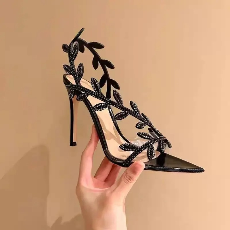 Women'S Fashion Spring 2025 - ฤดูร้อนใหม่ 2025 Golden สาขาและหยกใบรองเท้าส้นสูงสีดํา Pointed TIP