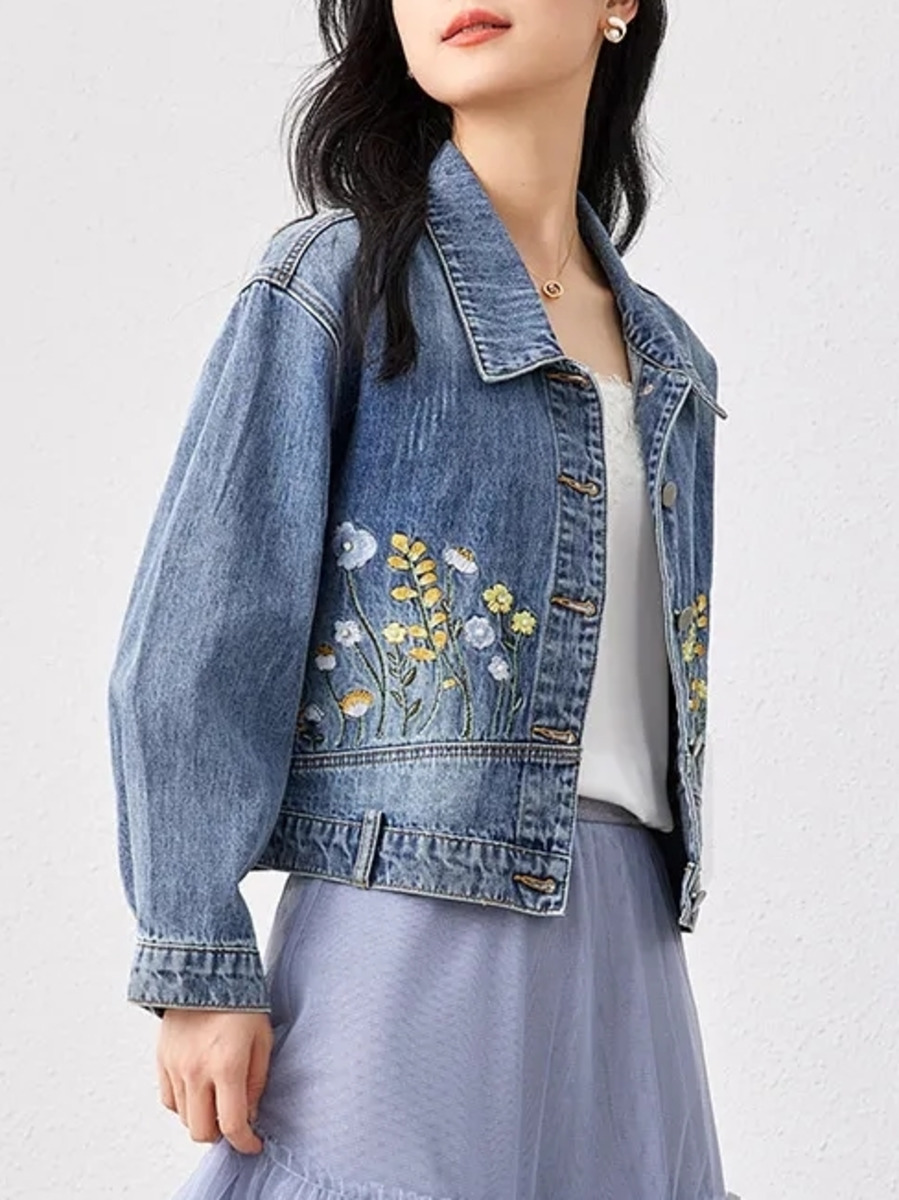 Women Fashion Jeans Top - แจ็กเก็ตสั้นผ้ายีนส์ปักลายดอกไม้เสื้อแจ็กเก็ตยีนส์ลำลองสำหรับผู้หญิงเสื้อโค้ทกางเกงยีนส์ขาเต่อแฟชั่นฤดูใบไม้ผลิลำลอง