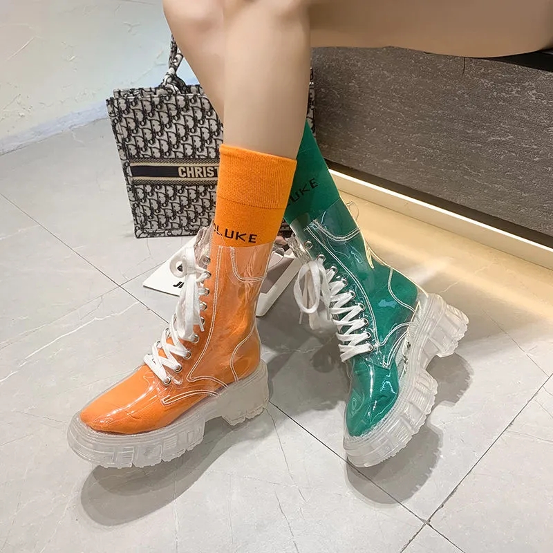 Women'S Fashion Rain Boots - รองเท้าบูทพื้นใส 2026 แฟชั่นใหม่ รองเท้าบูทข้อเท้ากันน้ำสำหรับผู้หญิง ส้นใส รองเท้าบูทสั้น