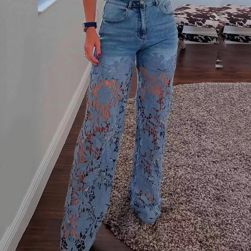 Mom Jeans Women - กางเกงยีนส์เอวสูงทรงขากว้างแฟชั่นฤดูร้อน แต่งผ้าลูกไม้ฉลุลาย ผ้าเดนิมทรงหลวม ซิป ผ้าฝ้าย สำหรับผู้หญิง