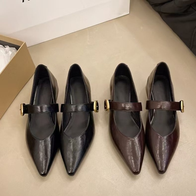 Women'S Fashion Spring 2025 - รองเท้าส้นเตี้ยแบบนิ่มสำหรับผู้หญิง หัวแหลม ส้นหนา สีพื้น เรียบง่าย สวมใส่สบาย