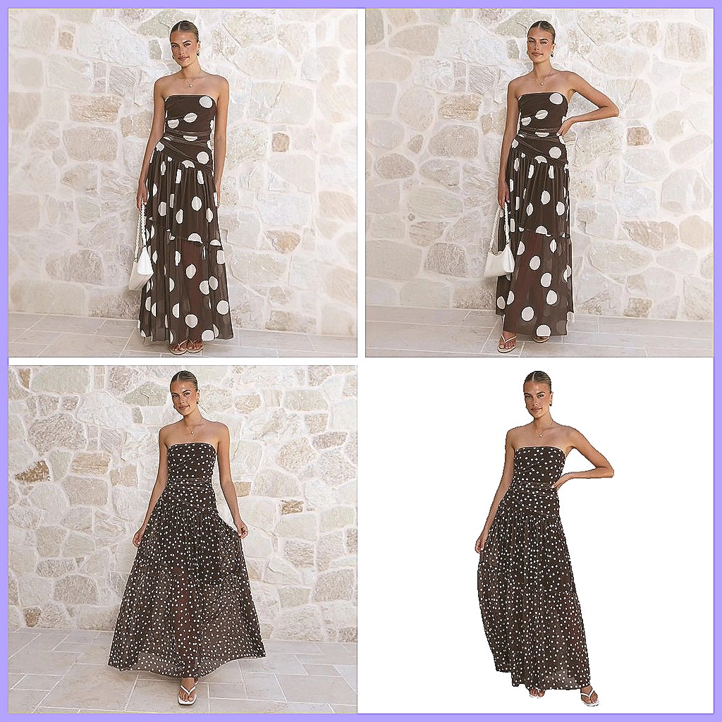Bodycon Dress Women - ชุดเดรสบอดี้คอนลายจุด, ชุดเดรสแม็กซี่เอวสูงตาข่ายโชว์หลังสำหรับงานปาร์ตี้ริมชายหาด
