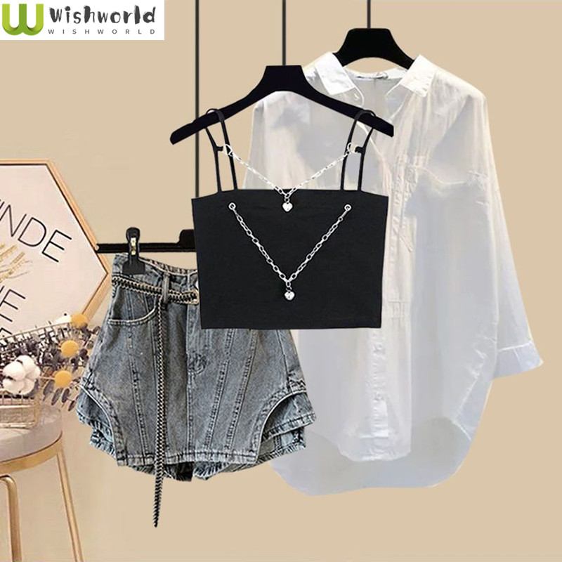 Women Fashion Jeans Top - ชุดฤดูร้อน2024ของผู้หญิงเสื้อเชิ้ตลำลอง MODE Korea ใหม่เสื้อกล้ามเด็กผู้หญิงรสเผ็ดกระโปรงกางเกงลดน้ำหนักชุดสามชิ้น