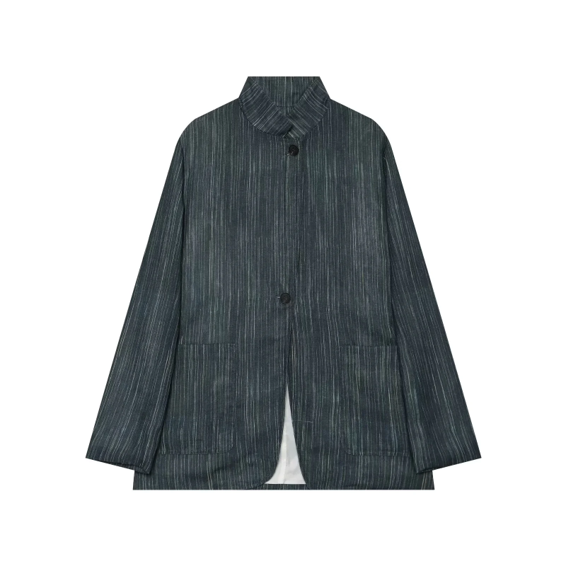 Blazer Women Oversized - เสื้อโค้ทผ้าลินินลายทางสำหรับผู้หญิง คอลเลคชั่นฤดูใบไม้ร่วง 2026 คอตั้ง ติดกระดุม แขนยาว