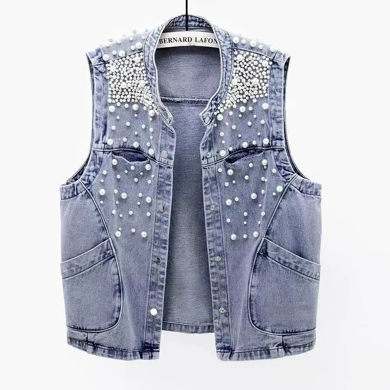 Women Fashion Jeans Top - 2023ฤดูร้อนใหม่ผู้หญิง Beaded Denim Vest Coat เสื้อเด็กแขนกุดตัด