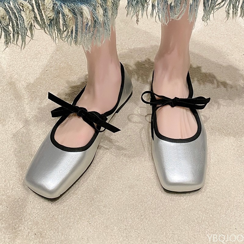 Women'S Fashion Spring 2025 - รองเท้าผู้หญิงสีพื้นเรียบง่าย สวมใส่สบาย สไตล์เรียบหรู สีเงิน ส้นเตี้ย ปากตื้น