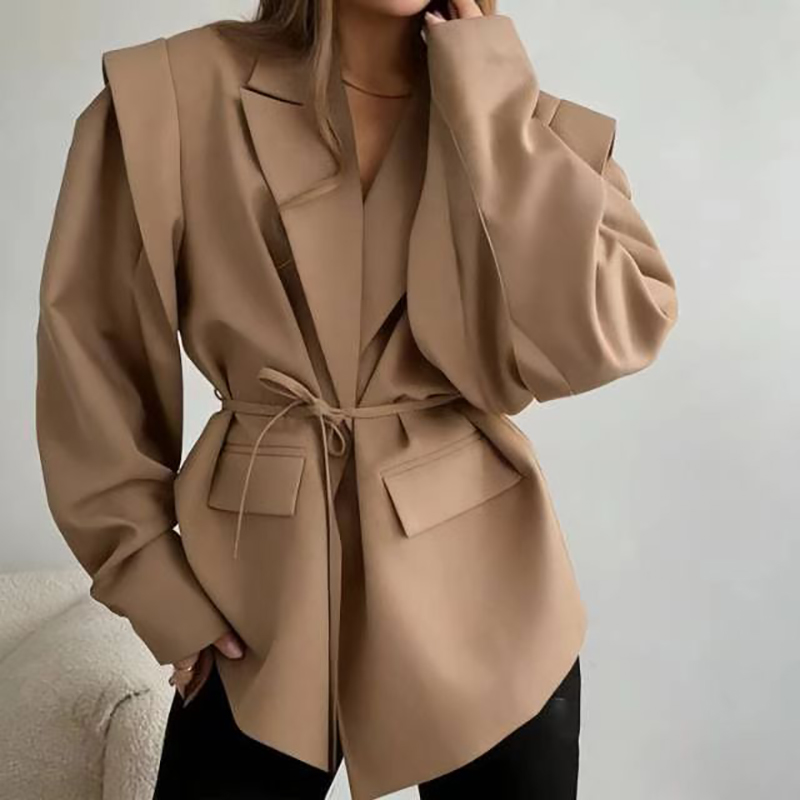 Blazer Women Oversized - เสื้อแจ็คเก็ตเบลเซอร์โอเวอร์ไซส์สำหรับผู้หญิง สไตล์ลำลอง สีพื้น ปกคอพับ แต่งเชือกผูก ดีไซน์แฟชั่นฤดูใบไม้ร่วง
