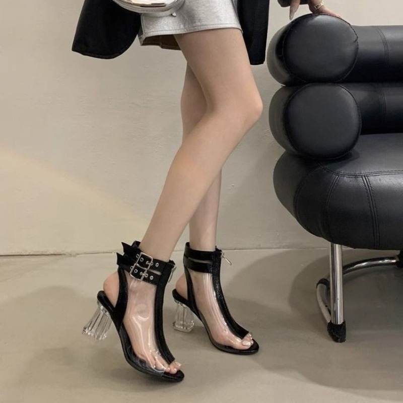 Women'S Fashion Belts - รองเท้าส้นสูงแบบรัดส้นคริสตัล ซิป หัวกลม เปิดนิ้วเท้า สีบล็อค สายรัดโลหะ