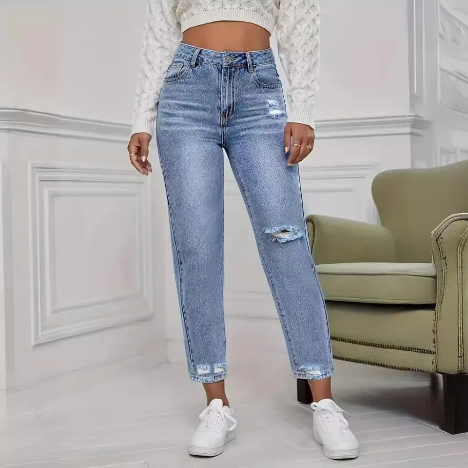 กางเกงยีนส์ขาดๆ แบบลำลองสำหรับ - Mom Jeans Women บทวิจารณ์และราคา